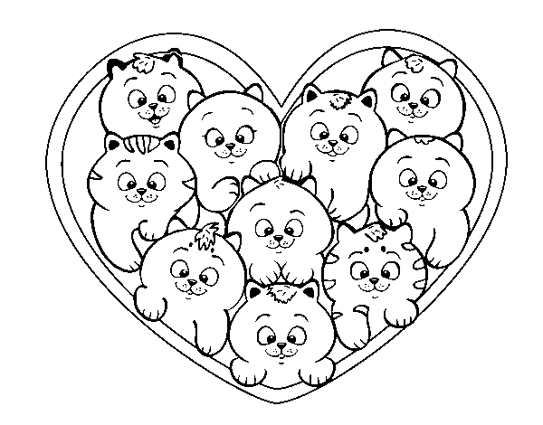 Desenho de Coração de gatinhos para Colorir