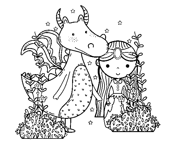 Desenho de Dragão e princesa para Colorir
