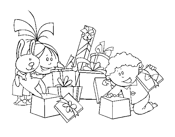 Desenho de Meninos e presentes para Colorir