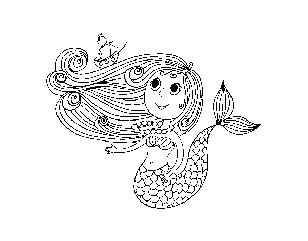 Desenho de Sereia com um barco para Colorir