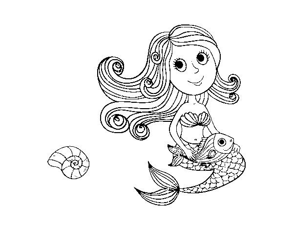 Desenho de Sereia e seu peixe para Colorir