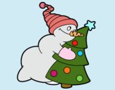 Boneco de neve abraçando árvore