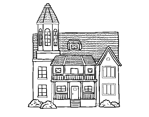Desenho de Casa de dois andares com torre para Colorir