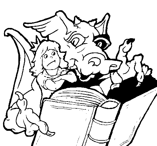 Desenho de Dragão, menina e livro para Colorir