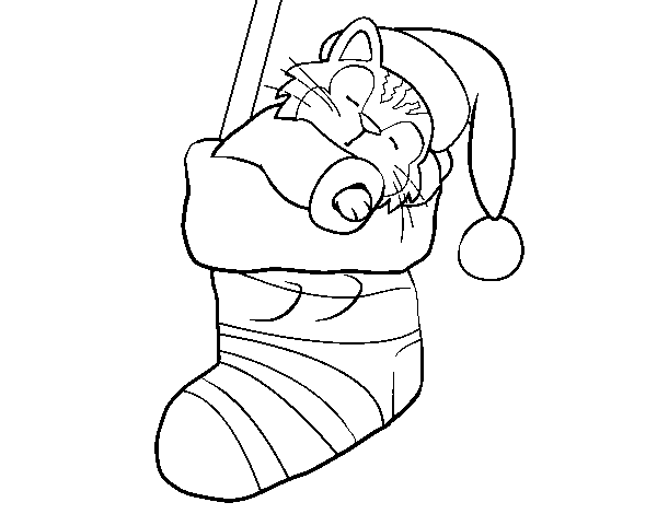 Desenho de Gatinho dormindo em uma meia de Natal para Colorir