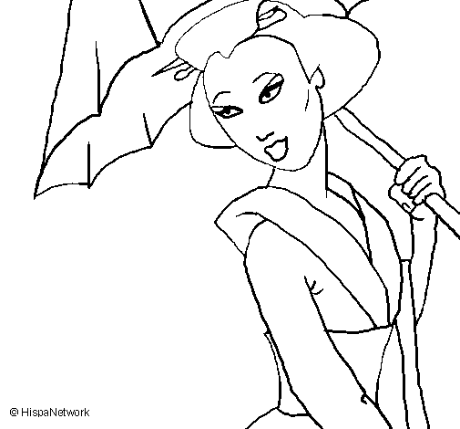 Desenho de Geisha com chapéu de chuva para Colorir