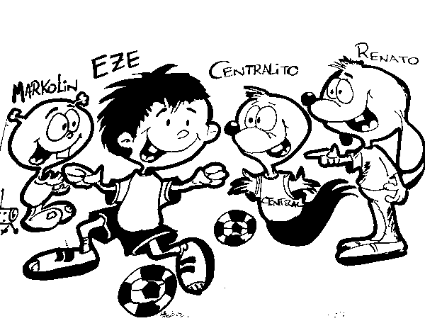 Desenho de Markolin, Eze, Centralito e Renato jogando futebol para Colorir