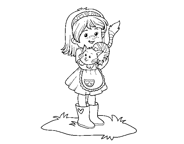 Desenho de Menina com gatito para Colorir
