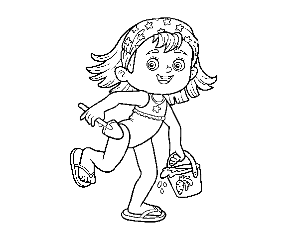 Desenho de Menina com praia balde e pá para Colorir