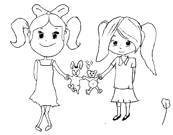 Desenho de Meninas com bichos de pelúcia para Colorir
