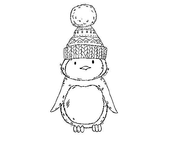 Desenho de Pinguim com chapéu do inverno para Colorir