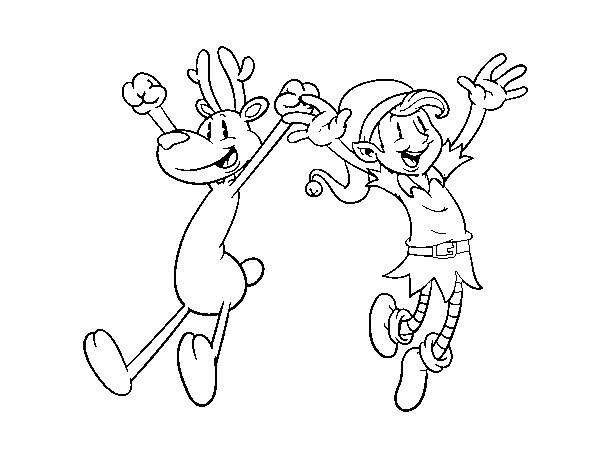 Desenho de Rena e duende saltando para Colorir