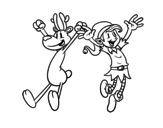 Desenho de Rena e duende saltando para colorear