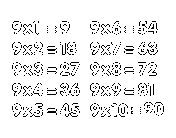 Desenho de Tabuada de Multiplicação do 9 para Colorir