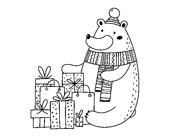 Desenho de Urso ter presentes de Natal para Colorir